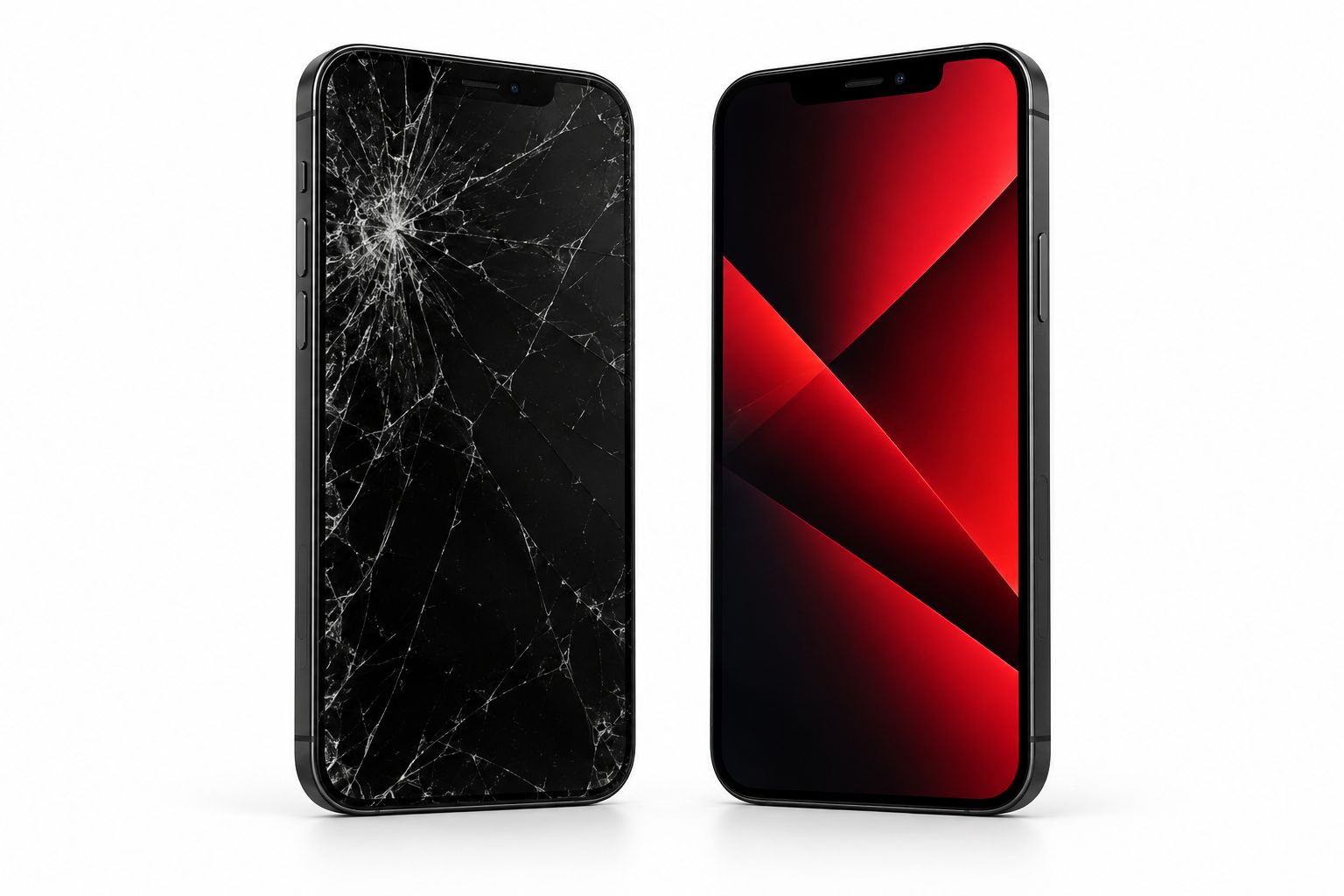 A cracked smartphone beside a repaired phone with a clear red display
