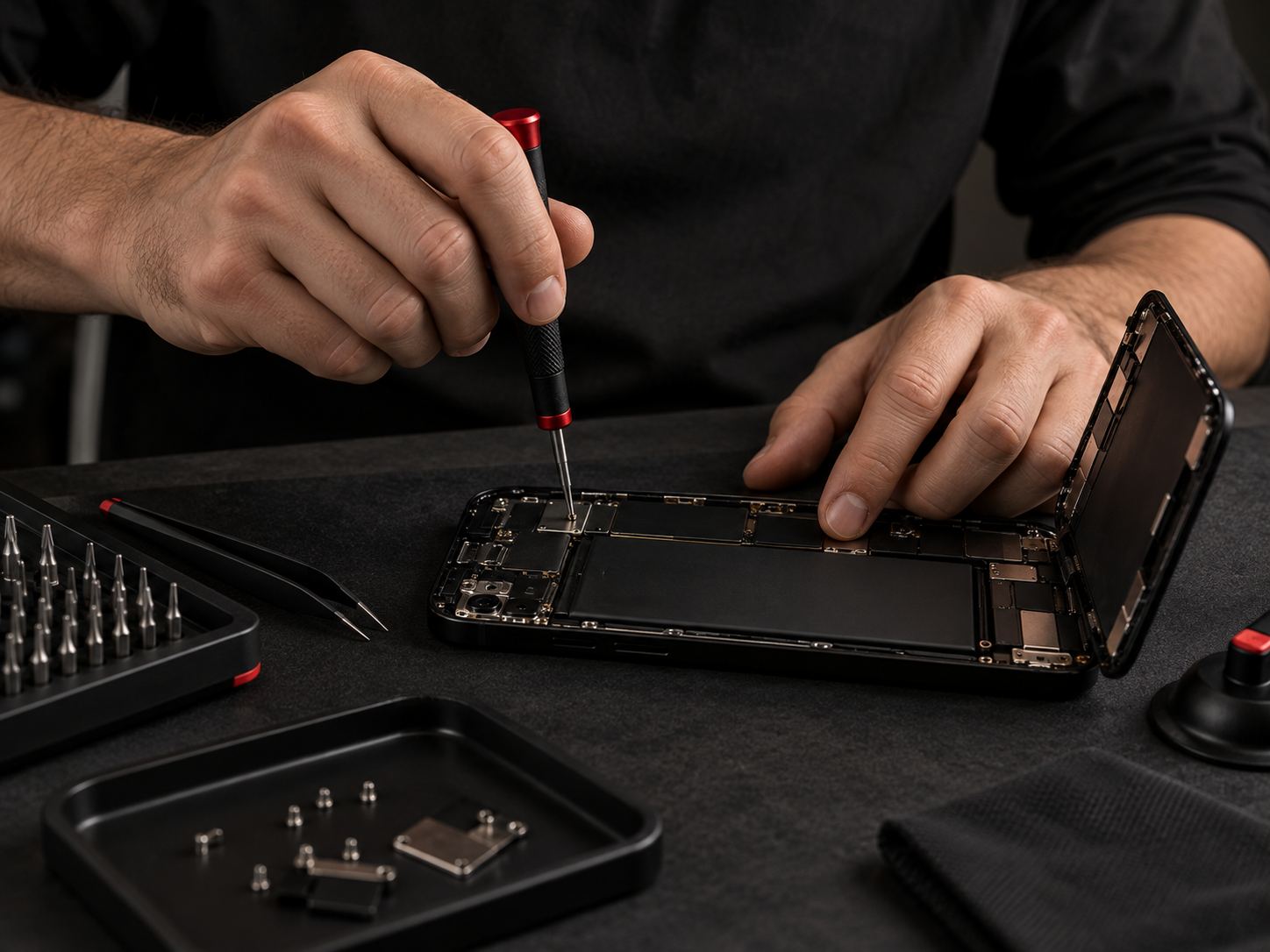 A technician carefully repairing the internal components of a smartphone